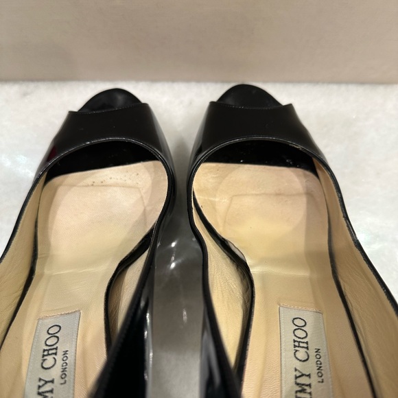 Jimmy Choo Crown Patent Black Leather Peep Toe Heel - Picture 8 of 13